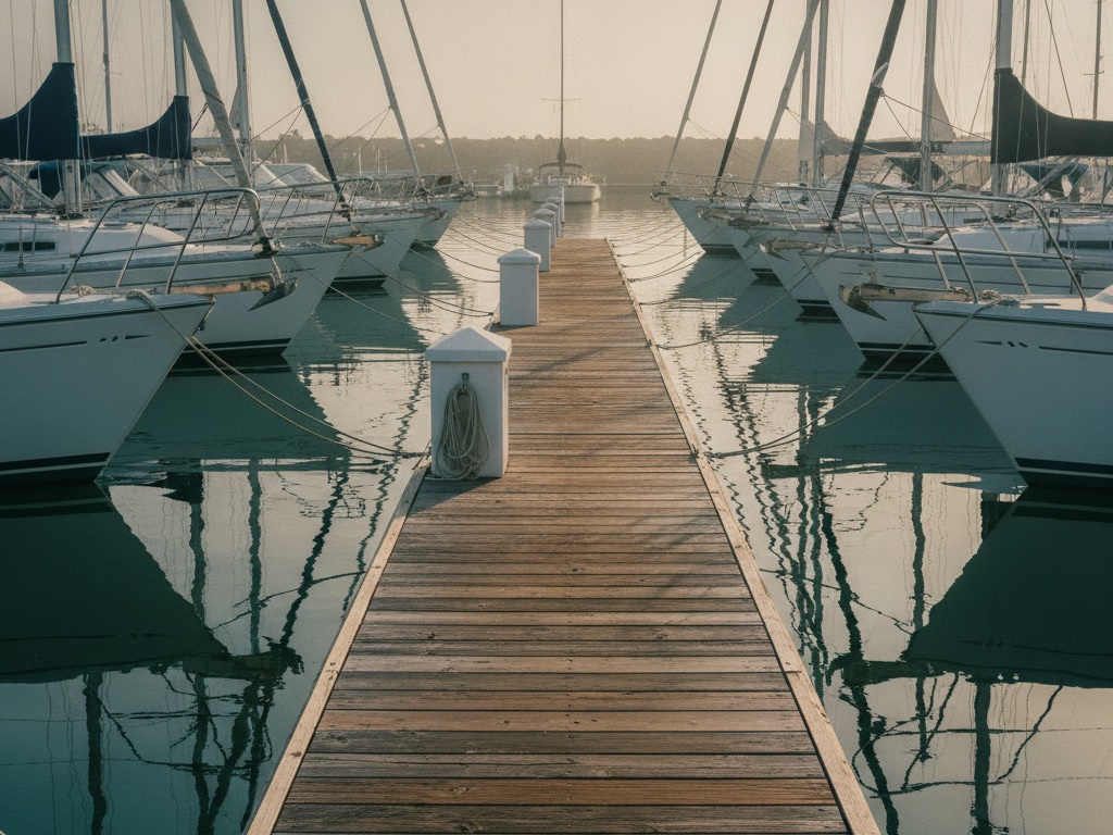 Editorial illustration looking down a wooden slip finger at golden hour, with dock pedestals and coiled lines, white sailboat bows moored on either side, and masts reflected in mirror-still marina water under soft morning haze.