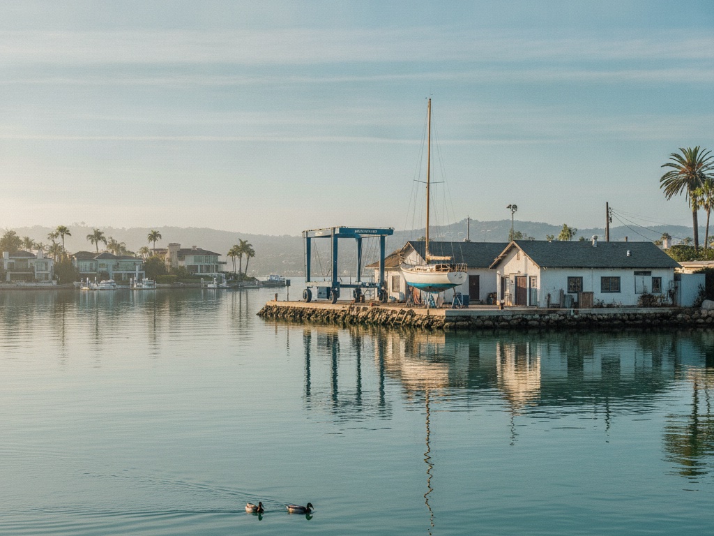 Editorial illustration of a small working shipyard corner on a calm harbor basin: a blue travel lift and a hauled sailboat beside low mid-century marina buildings, with luxury waterfront homes, palm trees, and coastal hills across the glassy teal water.