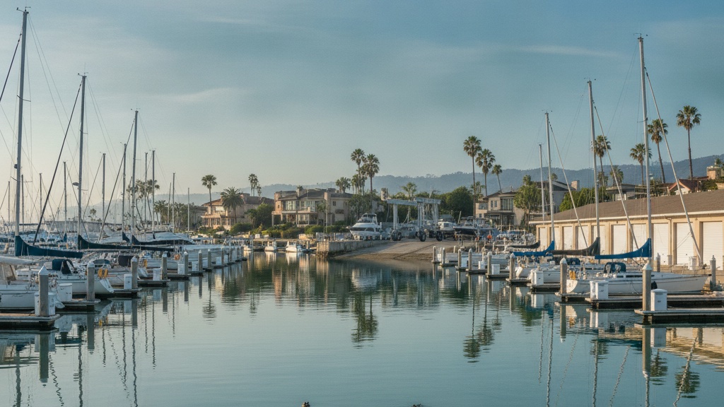 Rows of white sailboats and motoryachts in calm slips at the Balboa Yacht Basin, with the small shipyard and mid-century marina buildings behind them and the waterfront homes of Harbor Island across the glassy water in morning light.