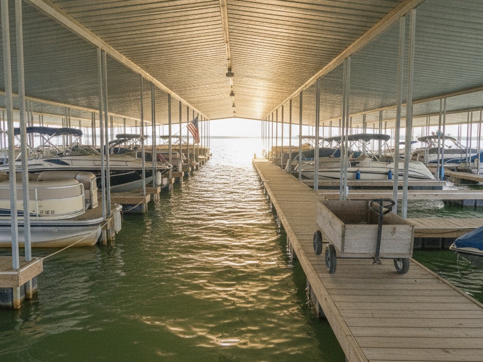 View down a covered floating dock walkway at a Texas lake marina: pontoon and wake boats moored under a light metal roof, a dock cart on the wooden walkway, an American flag, and morning sun glowing off the green lake water at the open end of the slip row.