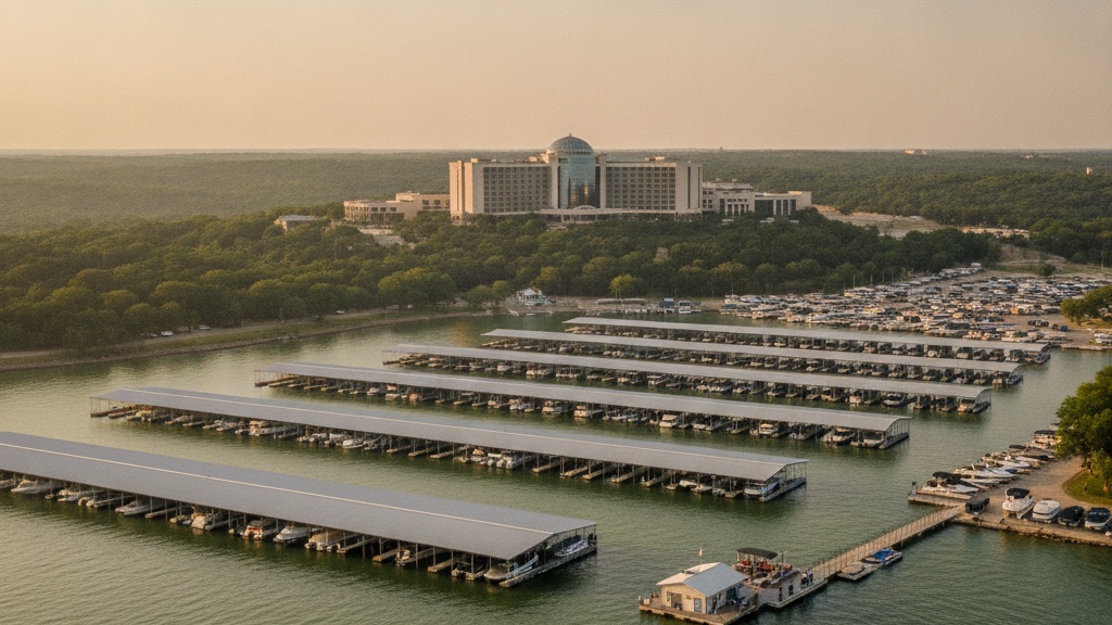 Rows of covered slips at Silver Lake Marina on Grapevine Lake, with the glass-roofed Gaylord Texan Resort rising on the bluff above the cove